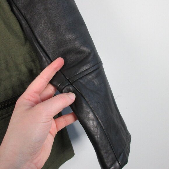 Club Monaco Alixi Utility Moto Jacket Women M Green Black Leather Sleeves 796 - Picture 8 of 14